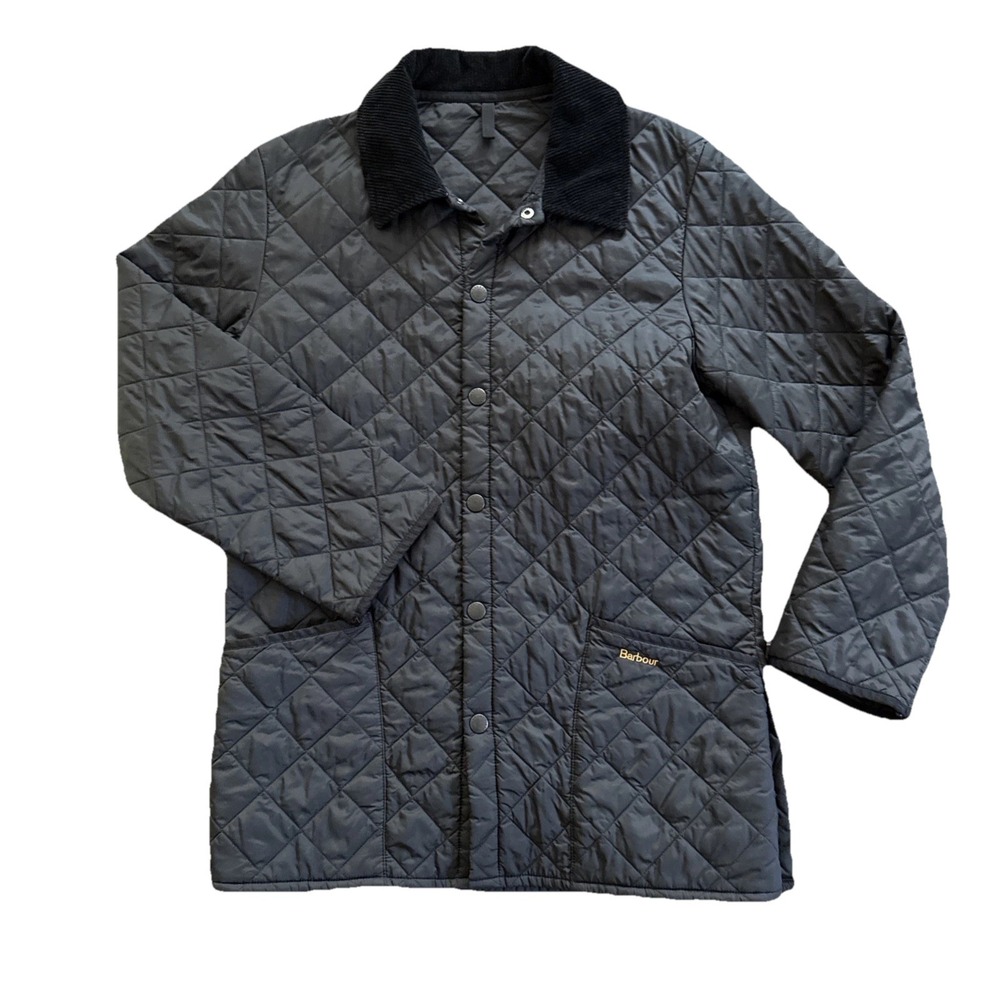 Barbour Liddesdale Jacket Mens Small Black Quilted Corduroy Collar Snap Front